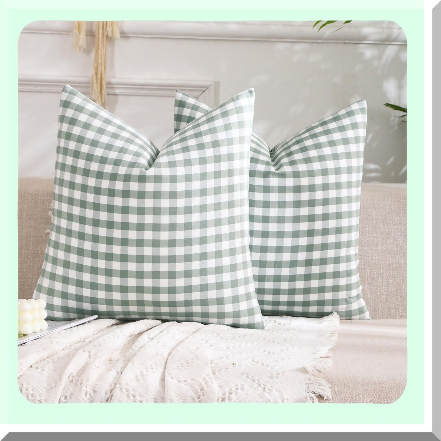 Sage Green Gingham Farmhouse Pillow Covers - Set of 2 | 18x18 Checkered Plaid Decorative Throw Pillow Cases | Retro Plaid Room Decor for Patio & Porch