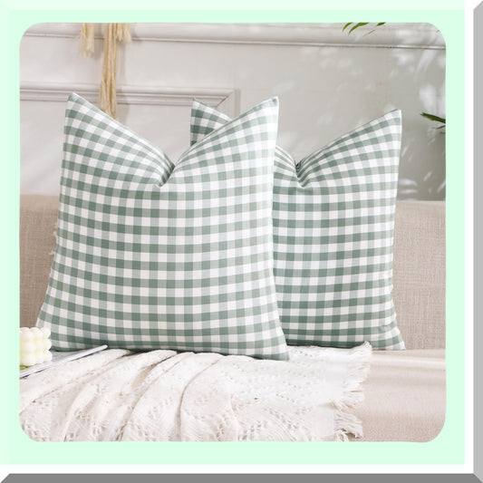 Sage Green Gingham Farmhouse Pillow Covers - Set of 2 | 18x18 Checkered Plaid Decorative Throw Pillow Cases | Retro Plaid Room Decor for Patio & Porch