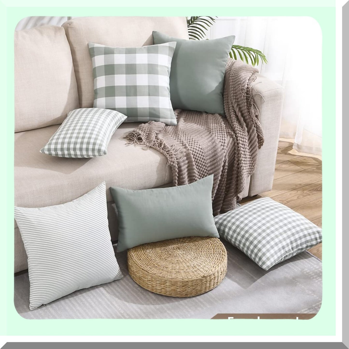 Sage Green Gingham Farmhouse Pillow Covers - Set of 2 | 18x18 Checkered Plaid Decorative Throw Pillow Cases | Retro Plaid Room Decor for Patio & Porch