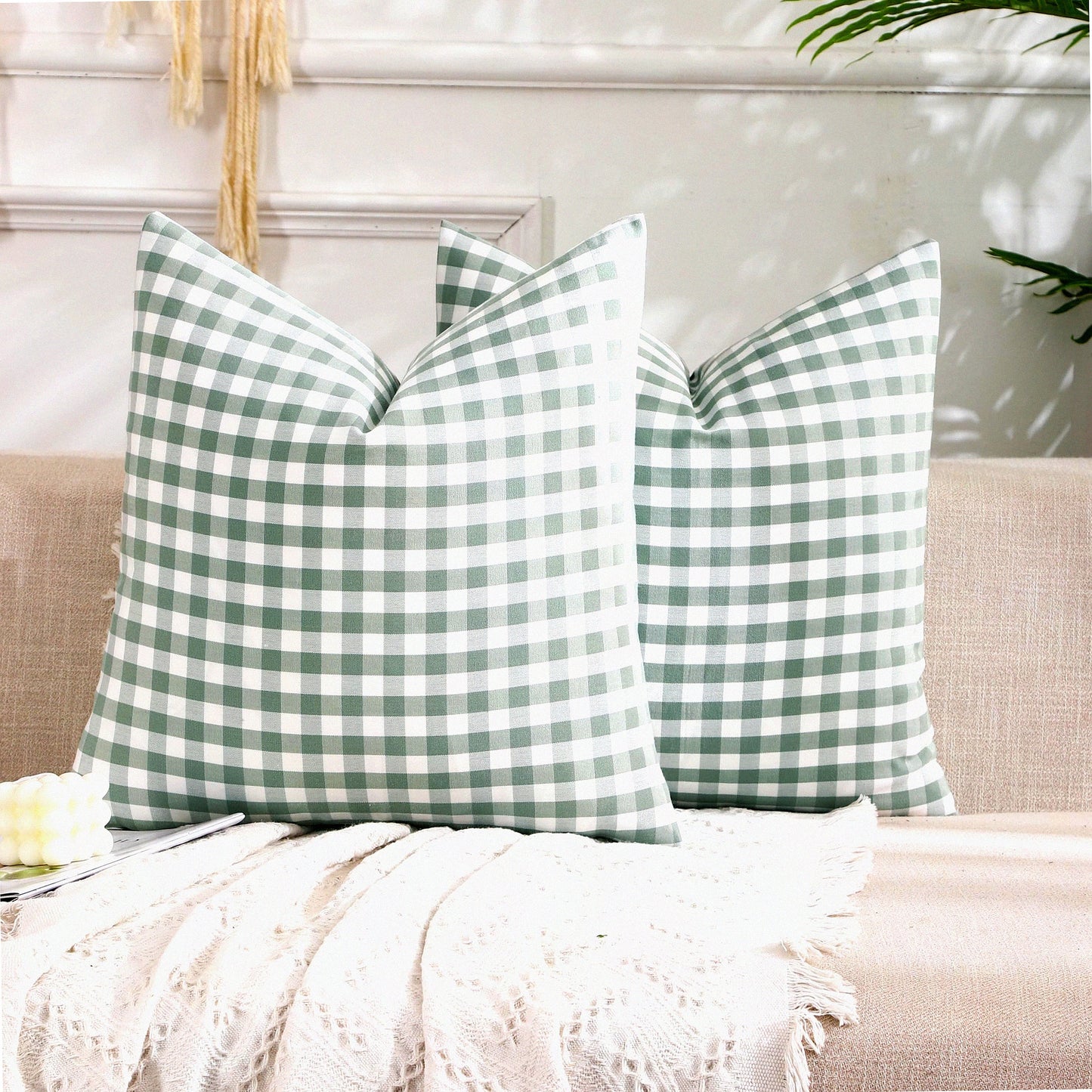 Sage Green Gingham Farmhouse Pillow Covers - Set of 2 | 18x18 Checkered Plaid Decorative Throw Pillow Cases | Retro Plaid Room Decor for Patio & Porch