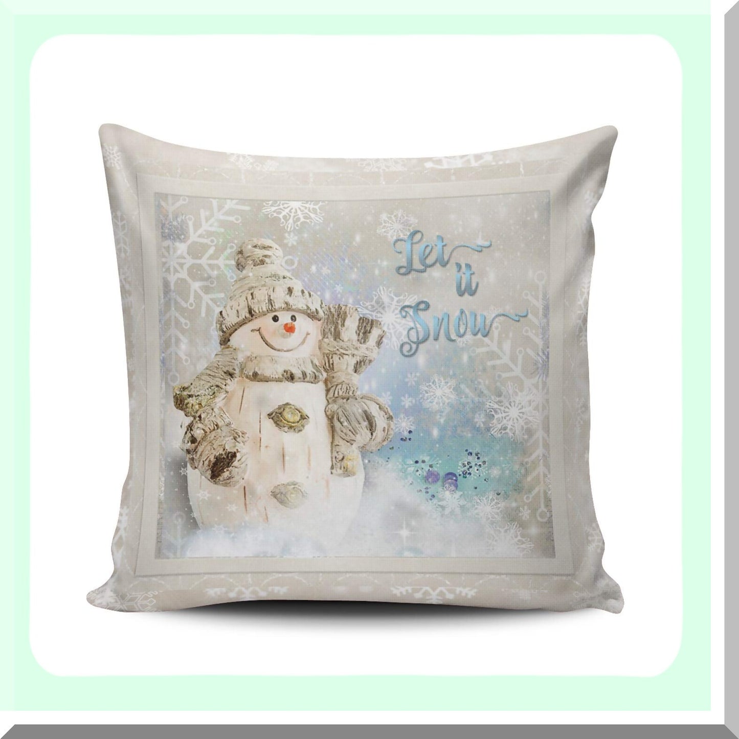 Winter Wonderland Snowman Pillowcase - Gray Blue Ivory Decorative Throw Pillow Cover with Snowflakes Design - 18x18 Inch Square Cushion Case
