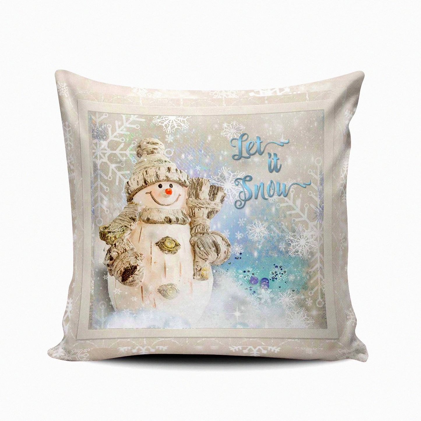 Winter Wonderland Snowman Pillowcase - Gray Blue Ivory Decorative Throw Pillow Cover with Snowflakes Design - 18x18 Inch Square Cushion Case