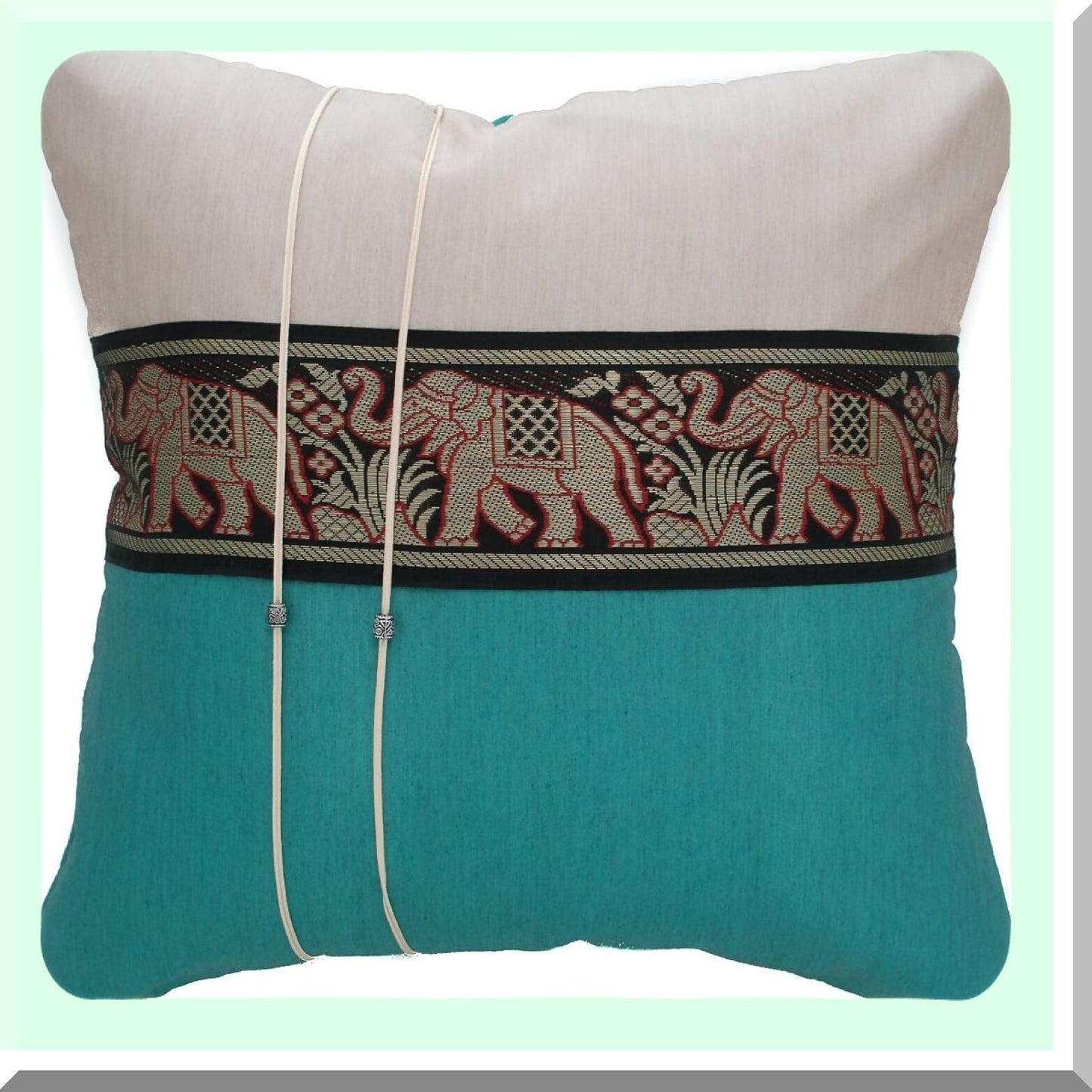 Striped Elephant Decorative Throw Pillow Cover - Sofa Couch Chair Bed Cushion Case - 16x16 Inch (40x40 cm) - Back Zipper - White Ivory Teal
