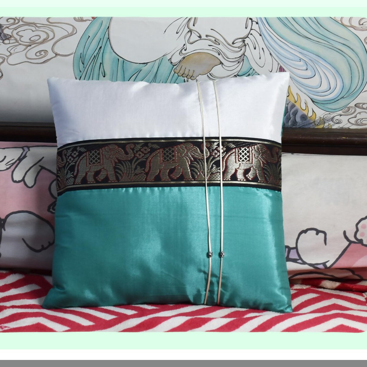 Striped Elephant Decorative Throw Pillow Cover - Sofa Couch Chair Bed Cushion Case - 16x16 Inch (40x40 cm) - Back Zipper - White Ivory Teal