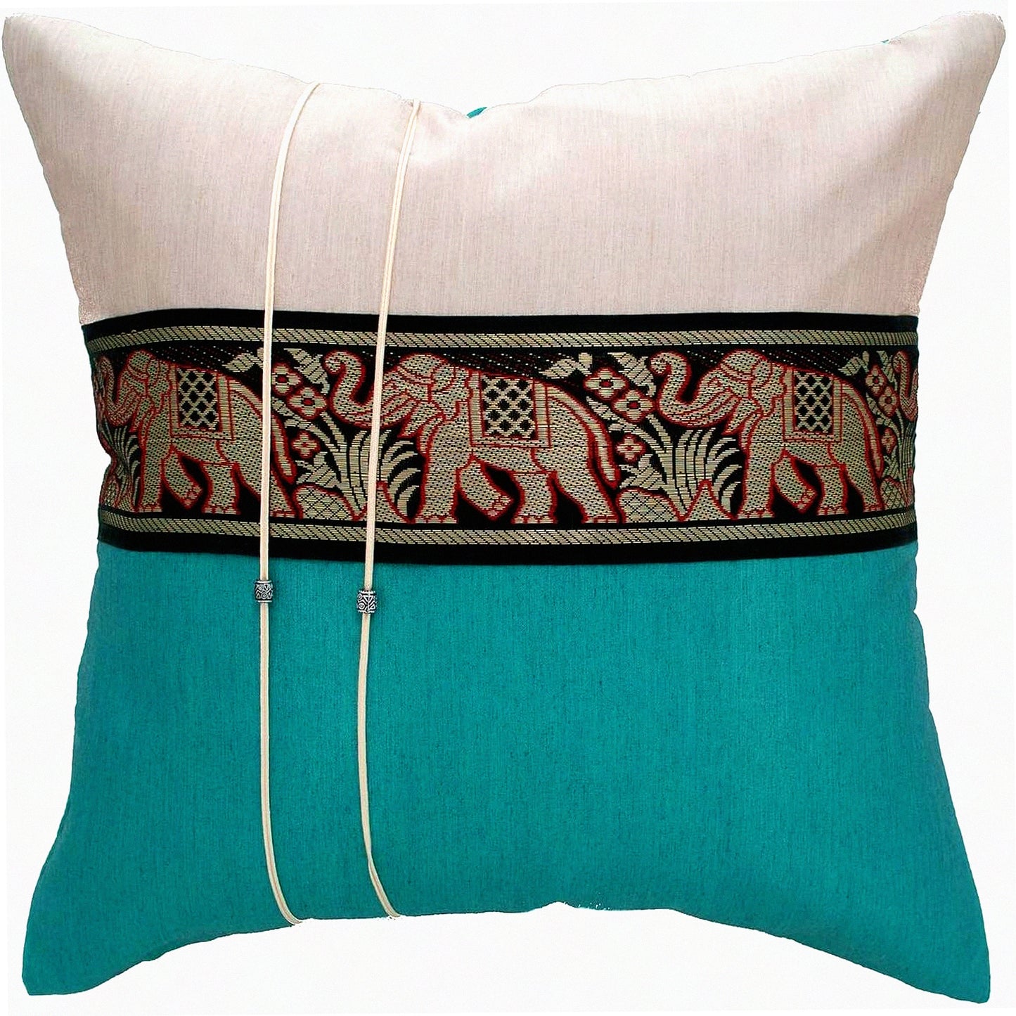 Striped Elephant Decorative Throw Pillow Cover - Sofa Couch Chair Bed Cushion Case - 16x16 Inch (40x40 cm) - Back Zipper - White Ivory Teal