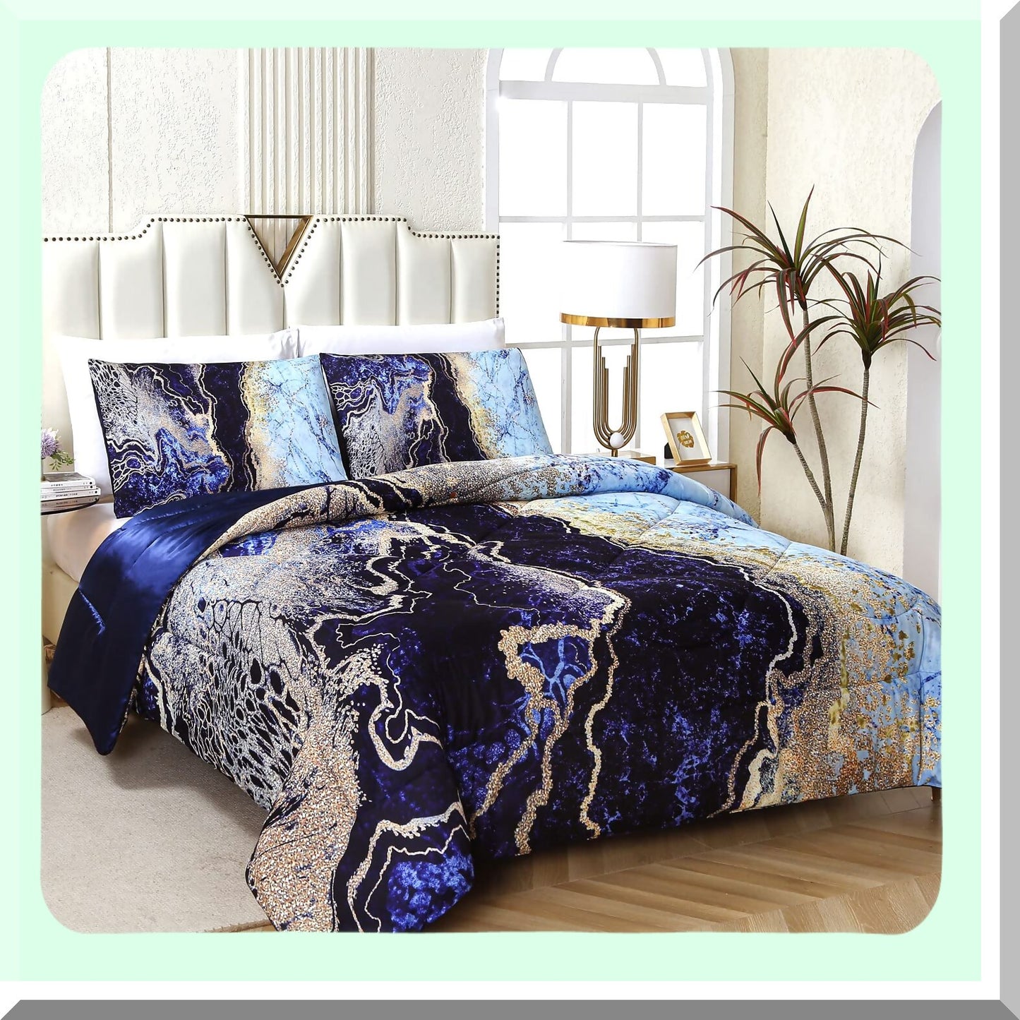 Volcanic Blue Marble Comforter Set - Ultra Soft Microfiber Quilt (3 Pieces: 1 Comforter, 2 Pillowcases) - All Seasons Bedding - Watercolor Pattern