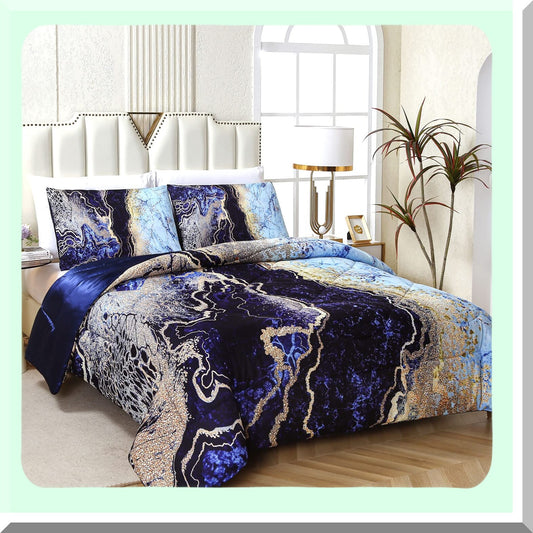 Volcanic Blue Marble Comforter Set - Ultra Soft Microfiber Quilt (3 Pieces: 1 Comforter, 2 Pillowcases) - All Seasons Bedding - Watercolor Pattern