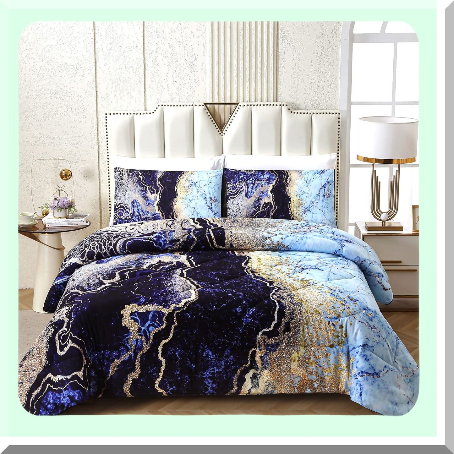 Volcanic Blue Marble Comforter Set - Ultra Soft Microfiber Quilt (3 Pieces: 1 Comforter, 2 Pillowcases) - All Seasons Bedding - Watercolor Pattern