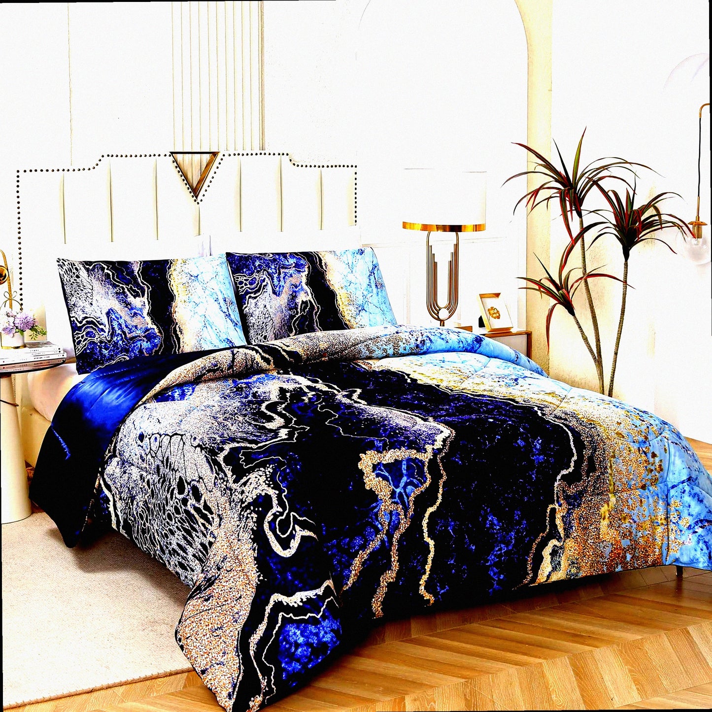 Volcanic Blue Marble Comforter Set - Ultra Soft Microfiber Quilt (3 Pieces: 1 Comforter, 2 Pillowcases) - All Seasons Bedding - Watercolor Pattern