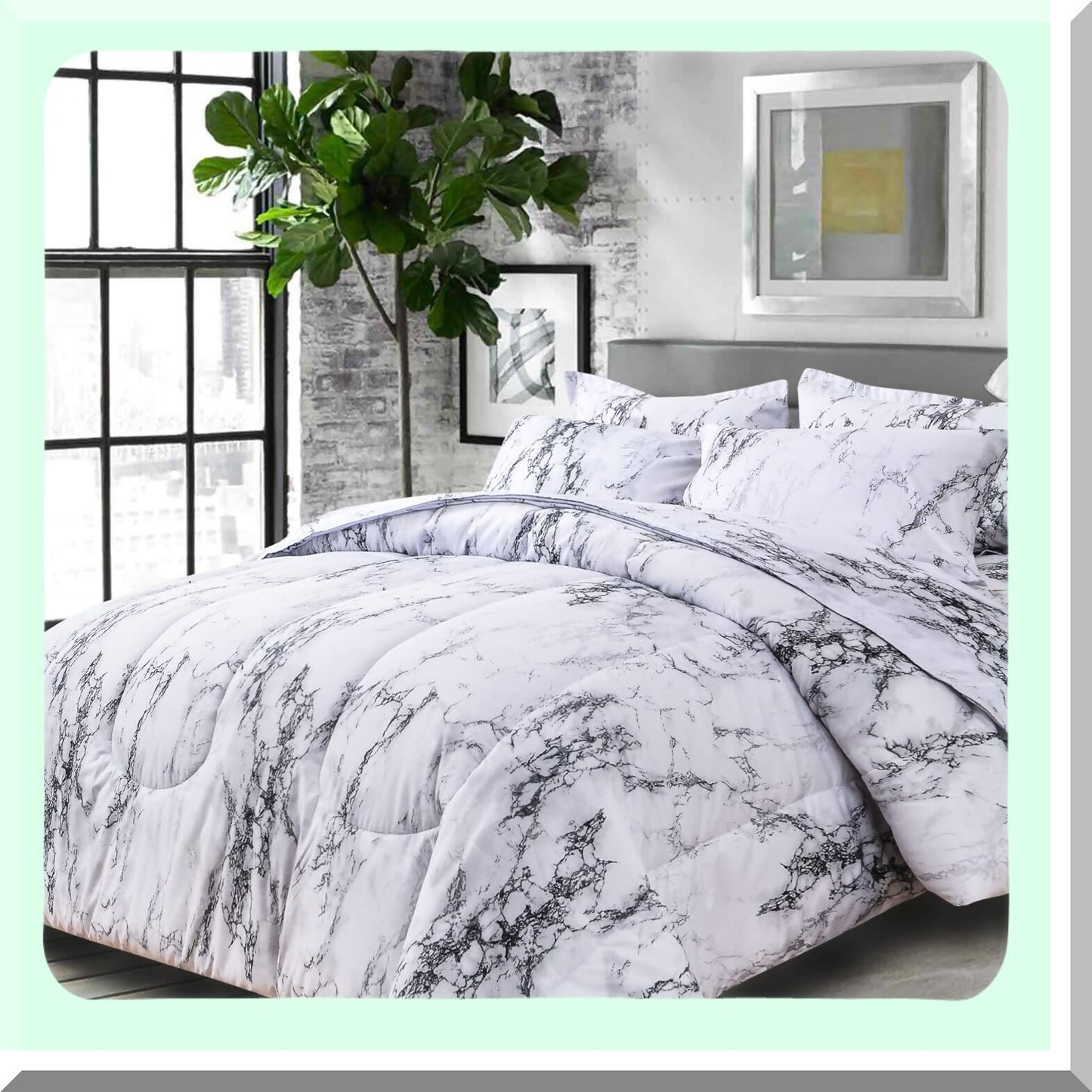 MarblePrint Comforter Set - Queen Size 7PC Bedding in a Bag with Sheets, Reversible Down Alternative Microfiber Duvet, Modern Grey Black White Design for Men Women - 88 x 90 inch