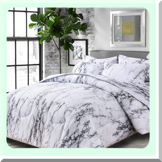 MarblePrint Comforter Set - Queen Size 7PC Bedding in a Bag with Sheets, Reversible Down Alternative Microfiber Duvet, Modern Grey Black White Design for Men Women - 88 x 90 inch