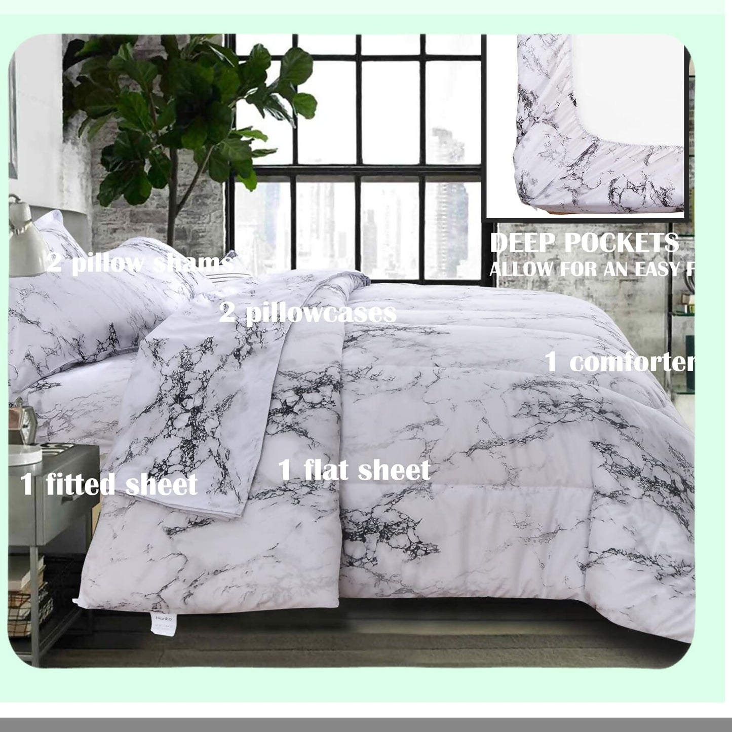 MarblePrint Comforter Set - Queen Size 7PC Bedding in a Bag with Sheets, Reversible Down Alternative Microfiber Duvet, Modern Grey Black White Design for Men Women - 88 x 90 inch