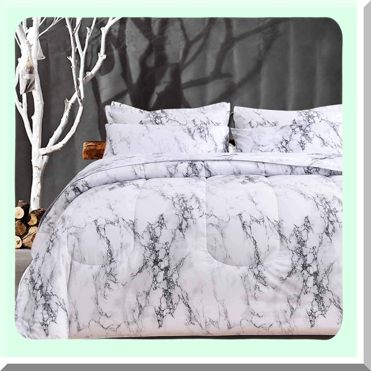 MarblePrint Comforter Set - Queen Size 7PC Bedding in a Bag with Sheets, Reversible Down Alternative Microfiber Duvet, Modern Grey Black White Design for Men Women - 88 x 90 inch