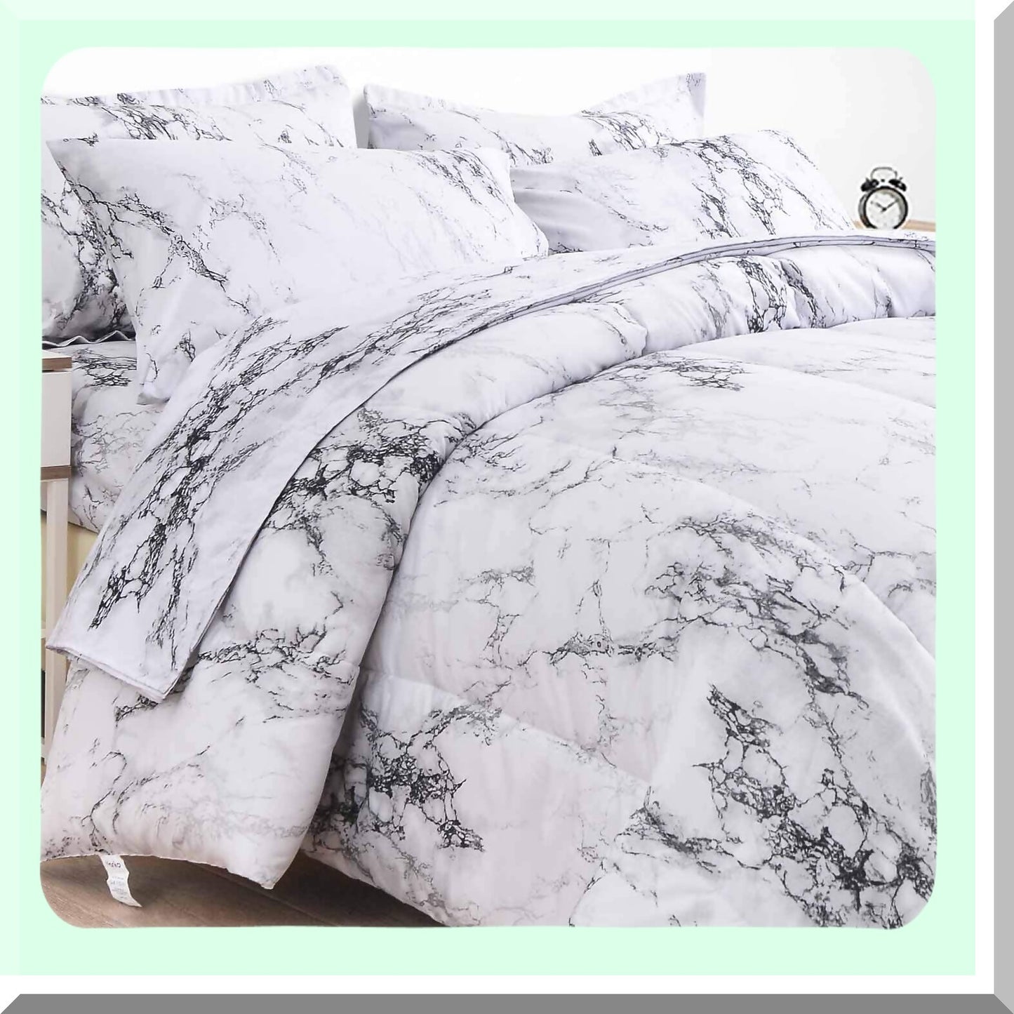 MarblePrint Comforter Set - Queen Size 7PC Bedding in a Bag with Sheets, Reversible Down Alternative Microfiber Duvet, Modern Grey Black White Design for Men Women - 88 x 90 inch