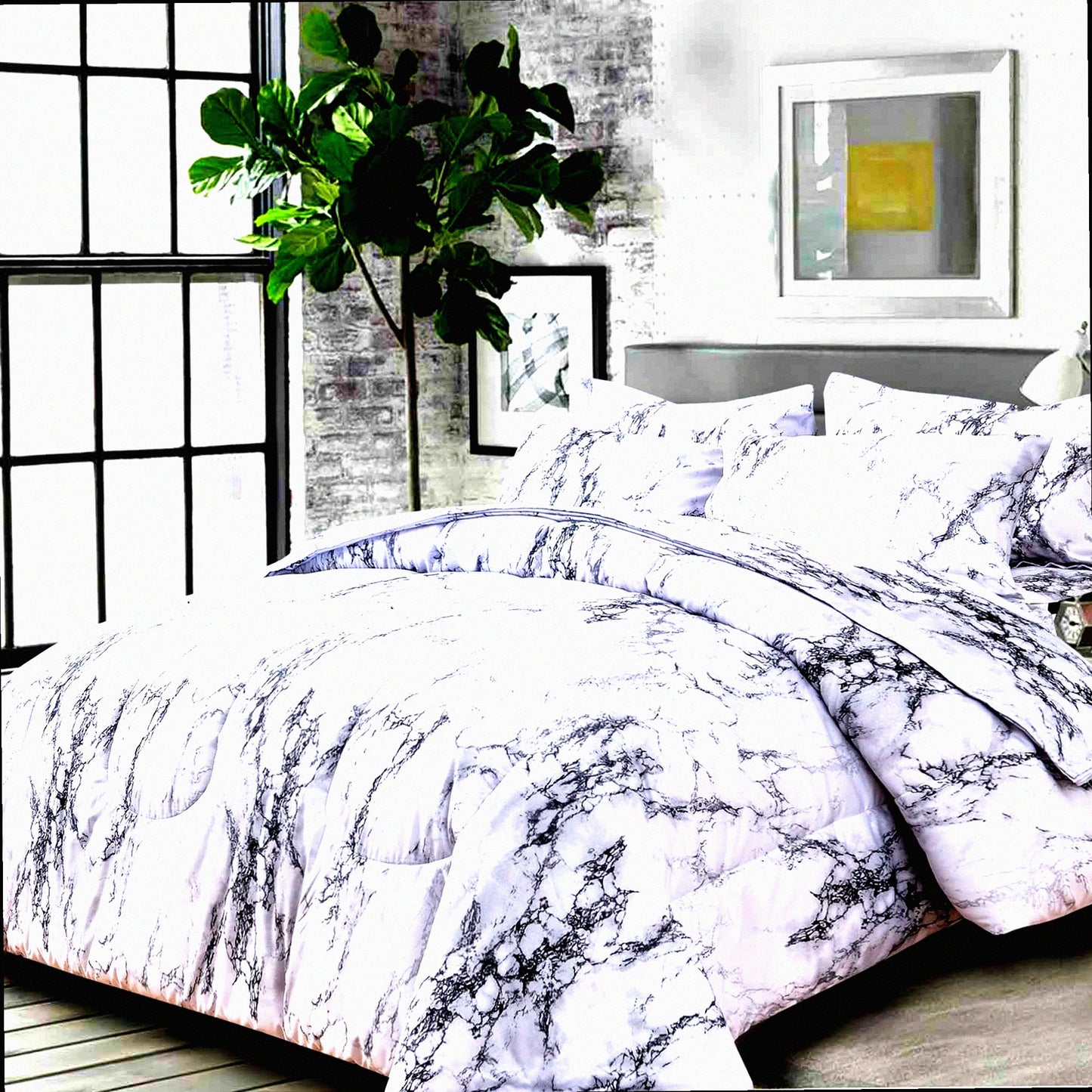 MarblePrint Comforter Set - Queen Size 7PC Bedding in a Bag with Sheets, Reversible Down Alternative Microfiber Duvet, Modern Grey Black White Design for Men Women - 88 x 90 inch