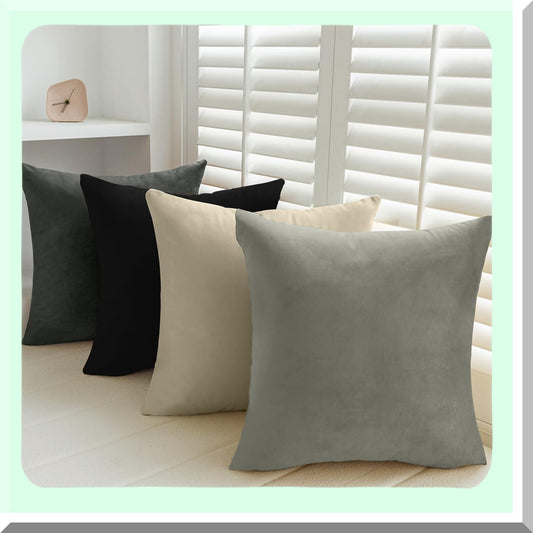 VelvetSoft Square Pillow Covers - Set of 4 Soft Solid Color Throw Cushion Cases for Couch Sofa Bedroom Living Room - 18x18 Inches - Gray/Black