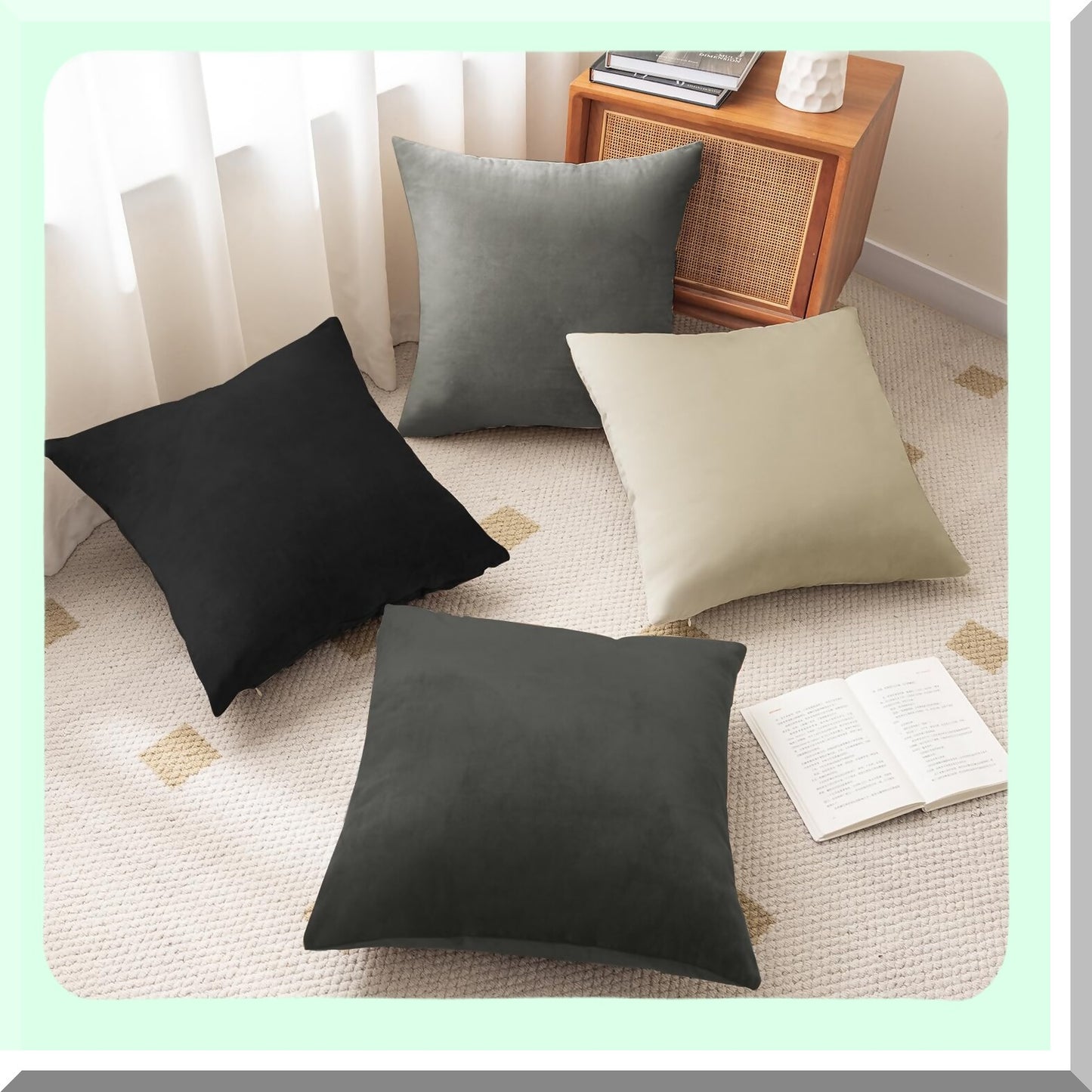 VelvetSoft Square Pillow Covers - Set of 4 Soft Solid Color Throw Cushion Cases for Couch Sofa Bedroom Living Room - 18x18 Inches - Gray/Black