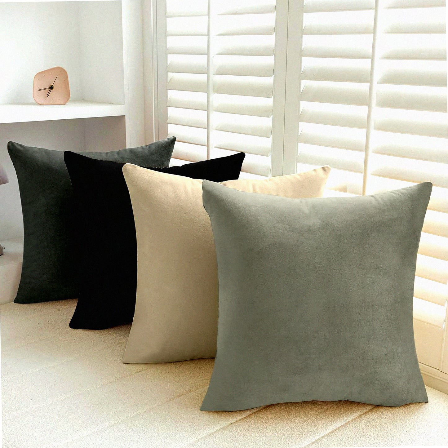 VelvetSoft Square Pillow Covers - Set of 4 Soft Solid Color Throw Cushion Cases for Couch Sofa Bedroom Living Room - 18x18 Inches - Gray/Black