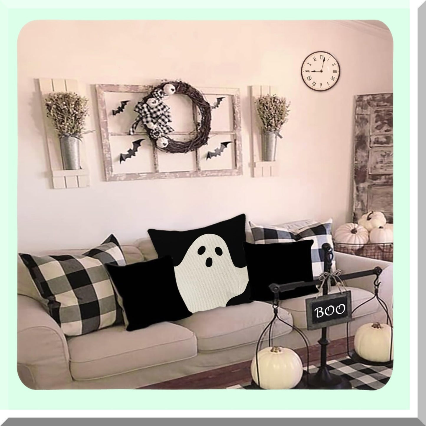 Ghostly Monochrome Linen Pillow Cover - 26x26 Inch Throw Cushion Case for Couch Sofa Home Decor - Black & White Halloween Decoration