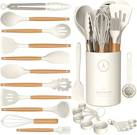 Silicone Cooking Utensil Set with Wooden Handles