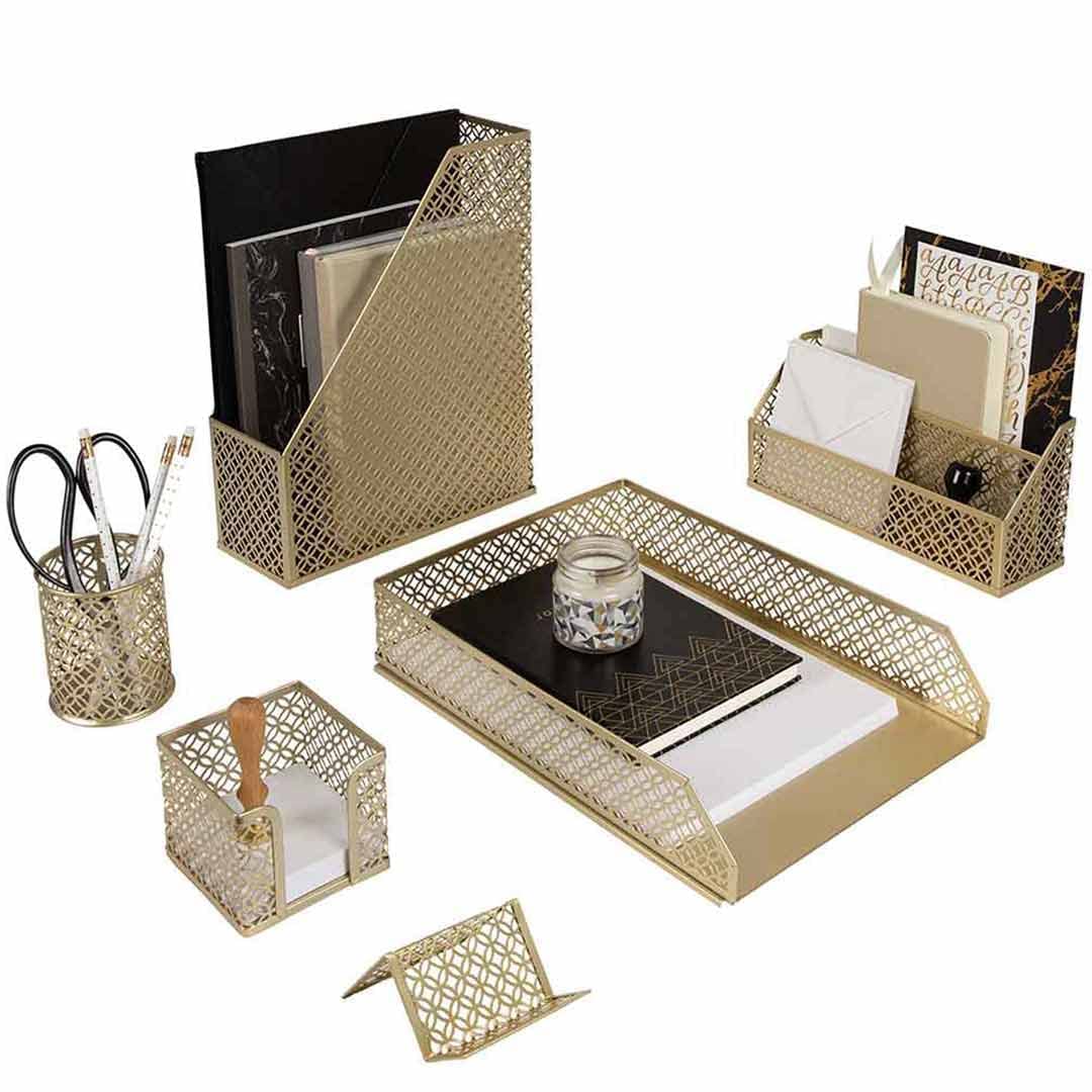 Pink Gold Desk Organizer Set with Mail Sorter and Accessories