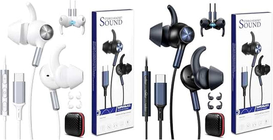 2 Pack Wired USB C Earbuds with Secure Wingtip