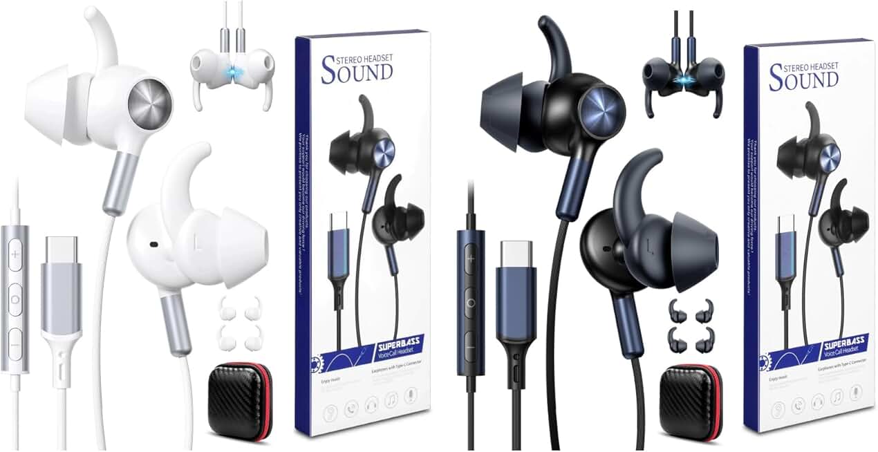 2 Pack Wired USB C Earbuds with Secure Wingtip