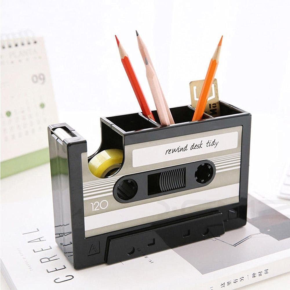 Gray tape dispenser and pen holder with retro cassette design
