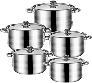 Set of five cookware pots with lids for kitchen use