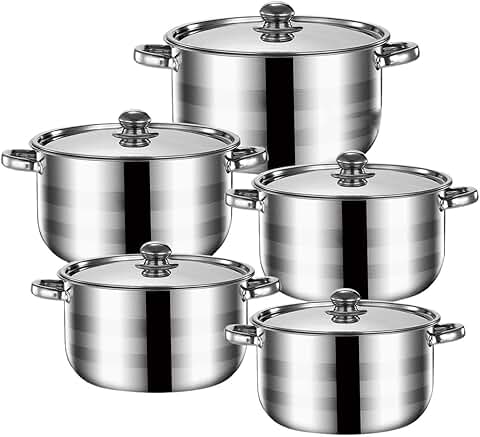 Set of five cookware pots with lids for kitchen use