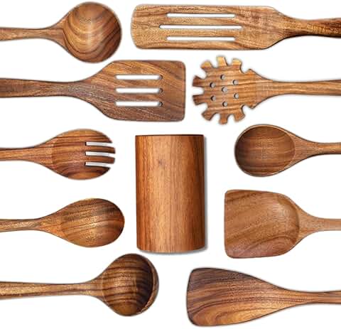 Set of 11 Wooden Cooking Utensils with Holder