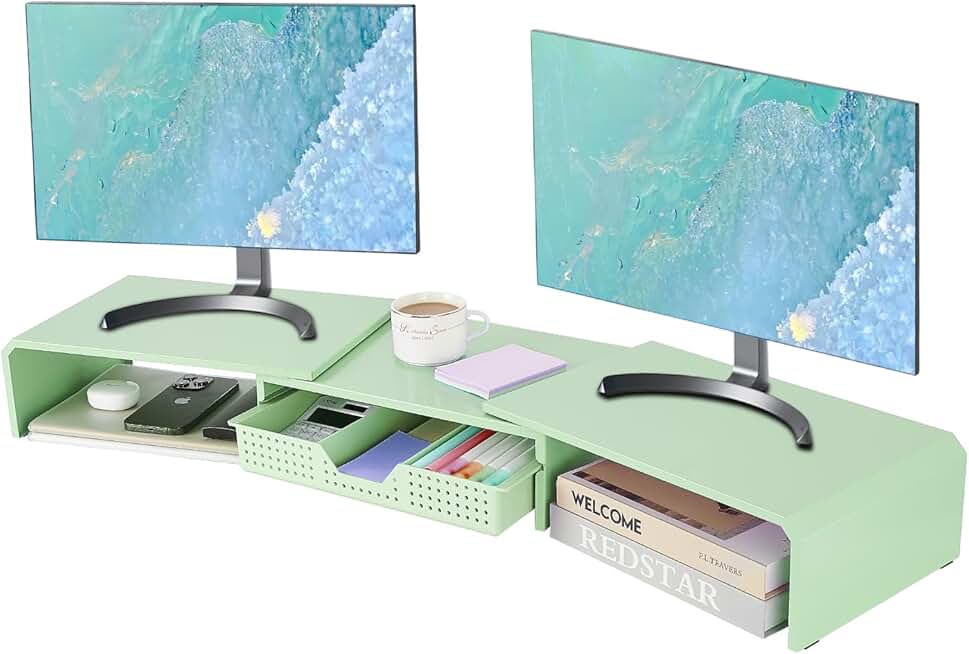 Mint Green Dual Monitor Stand with Drawer and Organizer