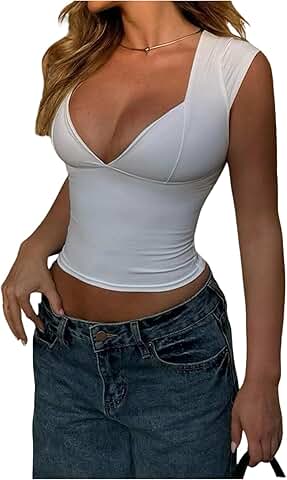 Women's Y2K Deep V Neck Cap Sleeve Crop Top