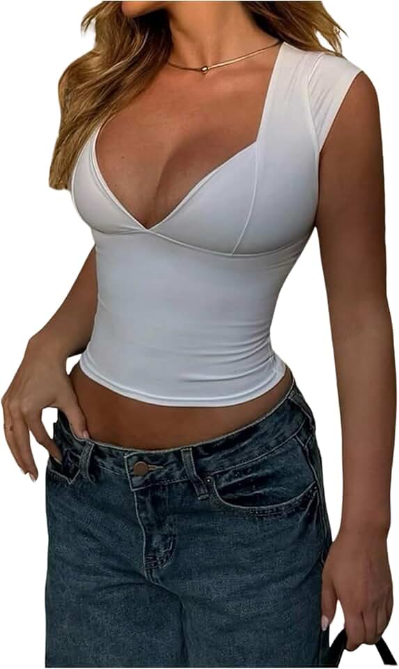 Women's Y2K Deep V Neck Cap Sleeve Crop Top
