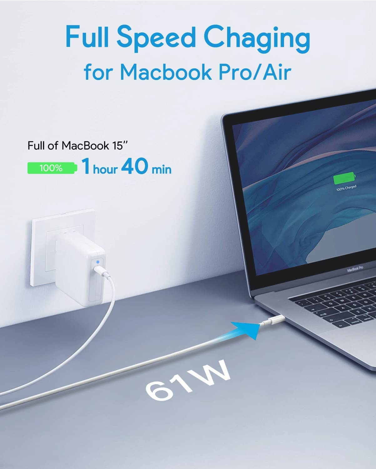 Mac Book Pro Charger, 61W USB C Charger Power Adapter for MacBook Pro 13 Inch/12 Inch,for MacBook,Included USB-C to USB-C Charge Cable (6.6ft/2m)