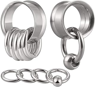 Set of 2 stainless steel ear plugs with rings and beads