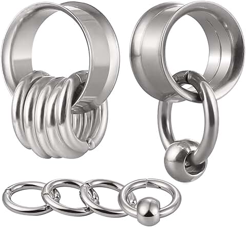 Set of 2 stainless steel ear plugs with rings and beads