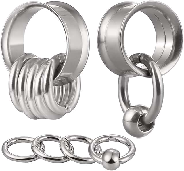 Set of 2 stainless steel ear plugs with rings and beads
