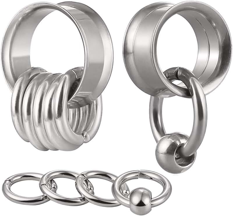 Set of 2 stainless steel ear plugs with rings and beads