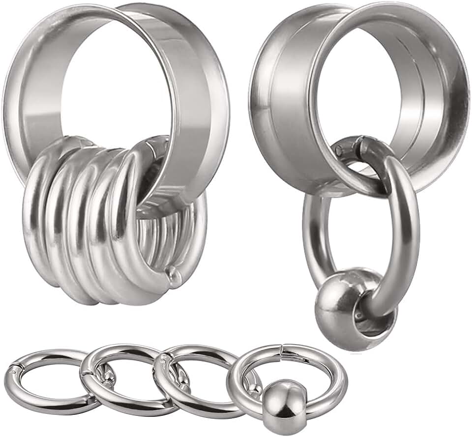 Set of 2 stainless steel ear plugs with rings and beads
