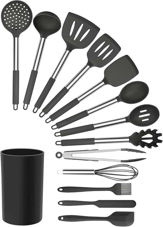 Set of 12 pink silicone kitchen utensils
