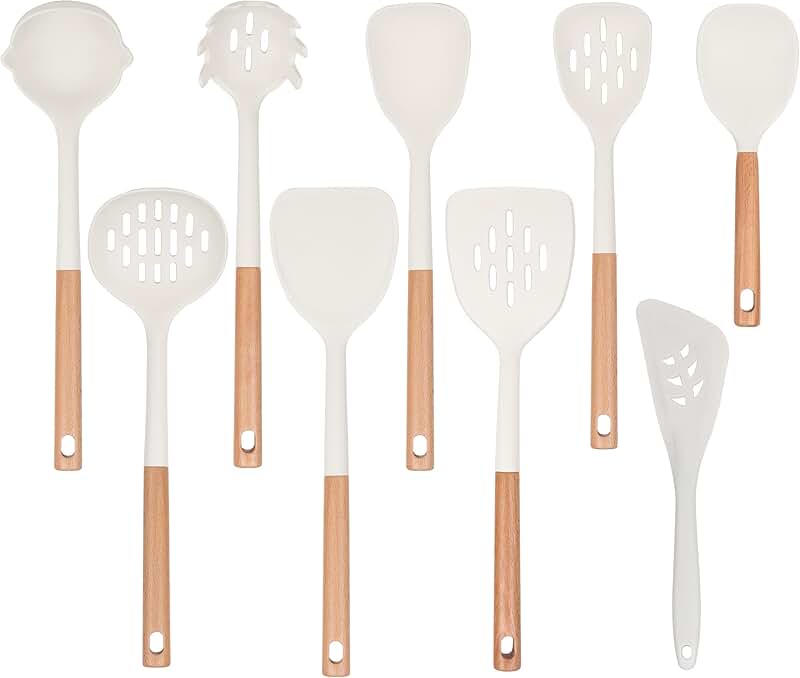 9-Piece Silicone Kitchen Utensil Set with Wooden Handles