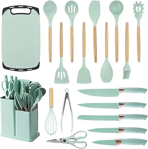 19-Piece Green Cooking Utensil and Knife Set