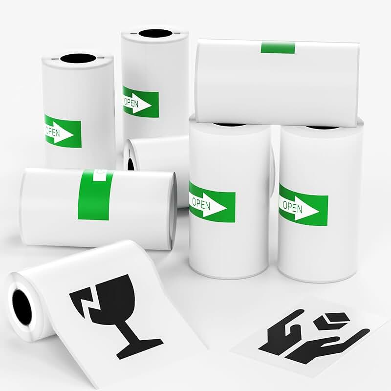 Continuous Label Paper, 8 Rolls, Self-Adhesive, Black Text