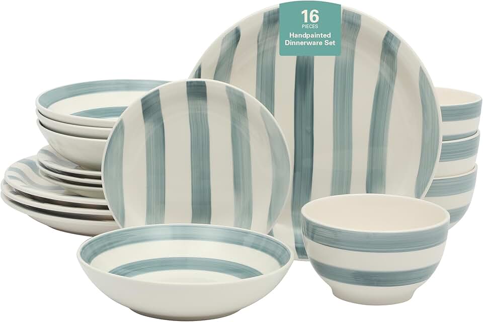 Blue Striped 16-Piece Dinnerware Set for Four