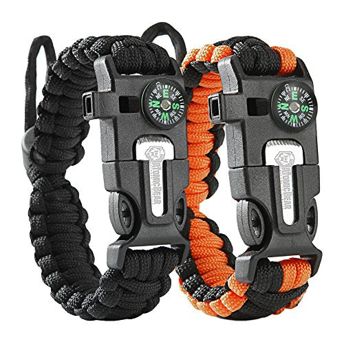 Paracord Bracelet (2 Pack) - Adjustable - Starter - Loud Whistle - Perfect for Hiking, Camping, Fishing and Hunting - Black & Black+Orange