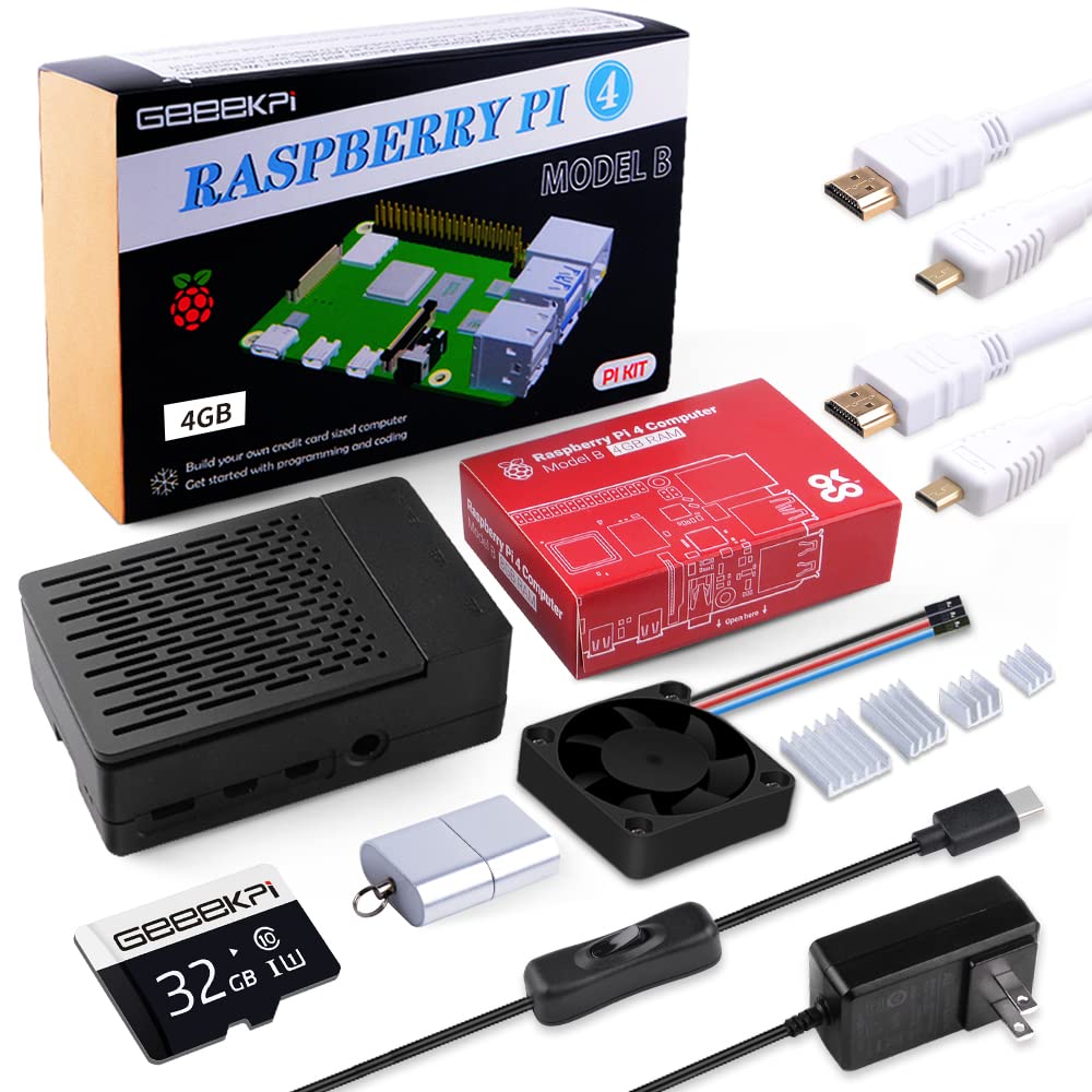 Raspberry Pi 4 4GB Starter Kit - 32GB Edition, Raspberry Pi 4 Case with PWM Fan, Raspberry Pi 5V 3.6A 18W Power Supply with ON/Off Switch, HDMI Cables for Raspberry Pi 4B (4GB RAM)