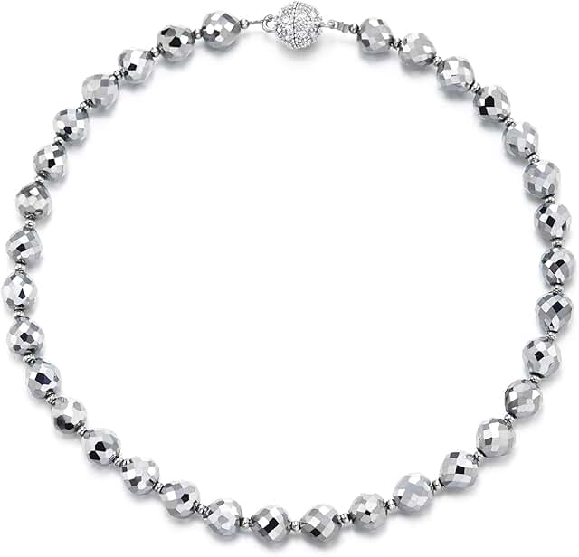 Silver Faceted Bead Necklace with Crystal Ball Clasp
