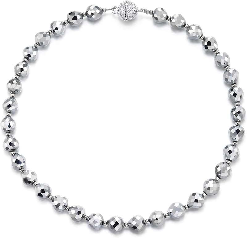 Silver Faceted Bead Necklace with Crystal Ball Clasp