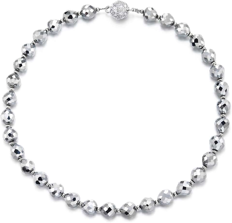 Silver Faceted Bead Necklace with Crystal Ball Clasp
